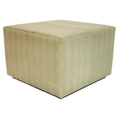 Vintage Faux Shagreen Upholstered Cube Ottoman Bench on Wood Plinth