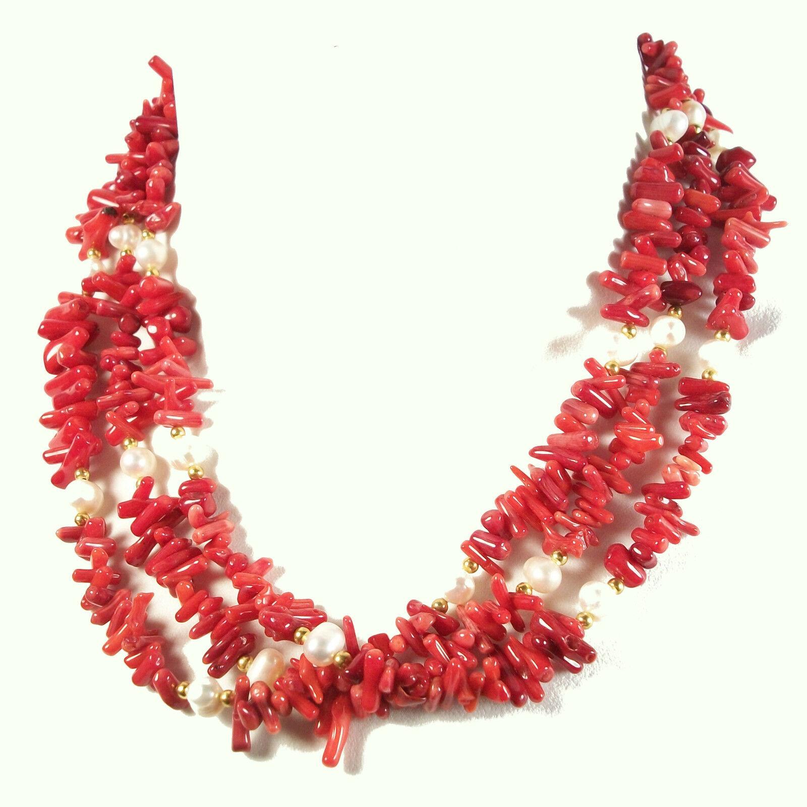 Vintage faux Sicilian red branch coral and faux pearl triple strand necklace - gold tone/brass beads/spacers and closure - unsigned - circa 1980's.

Excellent/mint vintage condition -  no loss - no damage - no repairs - ready to wear.

Size - 18