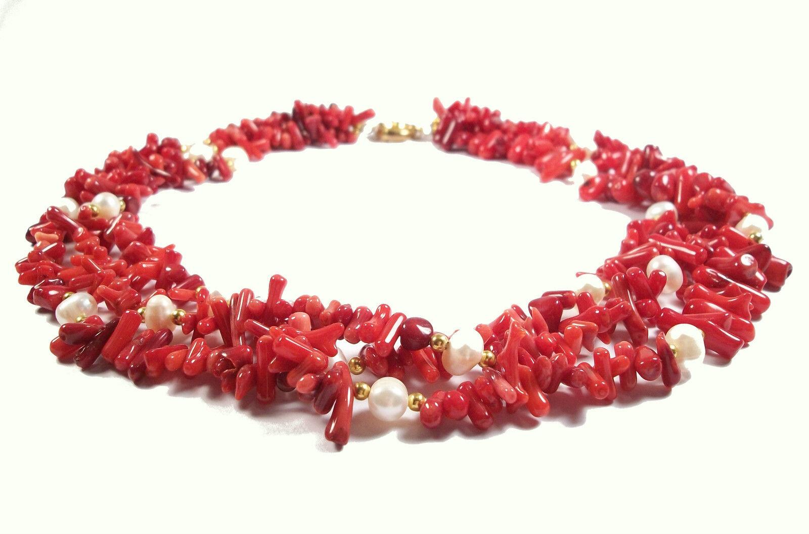 Modern Vintage Faux Sicilian Branch Coral & Pearl Necklace, Unsigned, circa 1980s For Sale