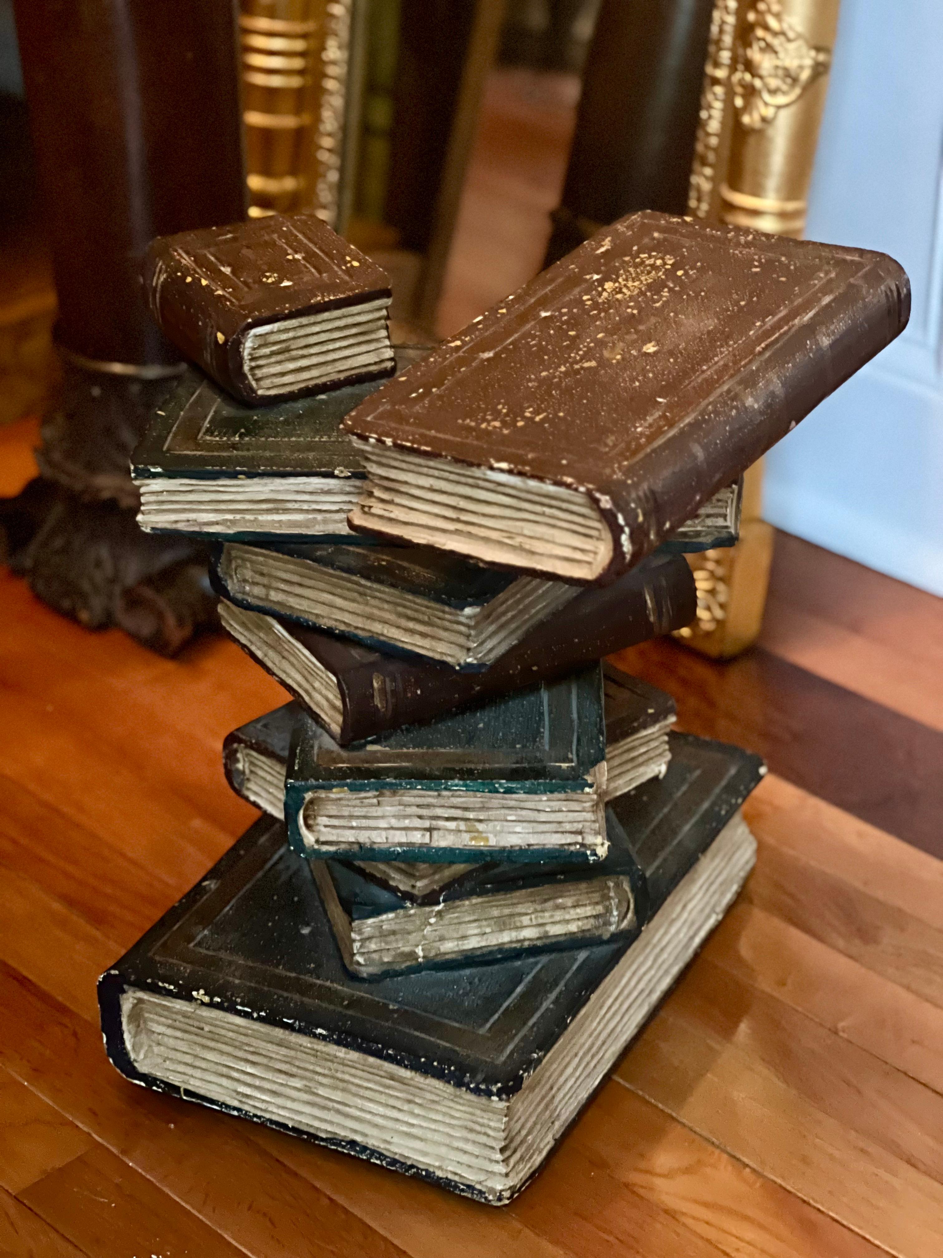 Vintage Faux Stacked Book Sculptural Wood Side Table For Sale 4