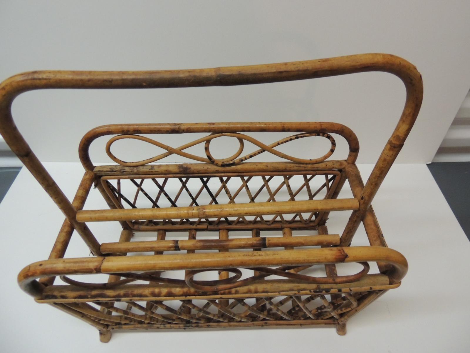 Hand-Crafted Vintage Faux Tortoise Magazine Rack in Bamboo and Rattan