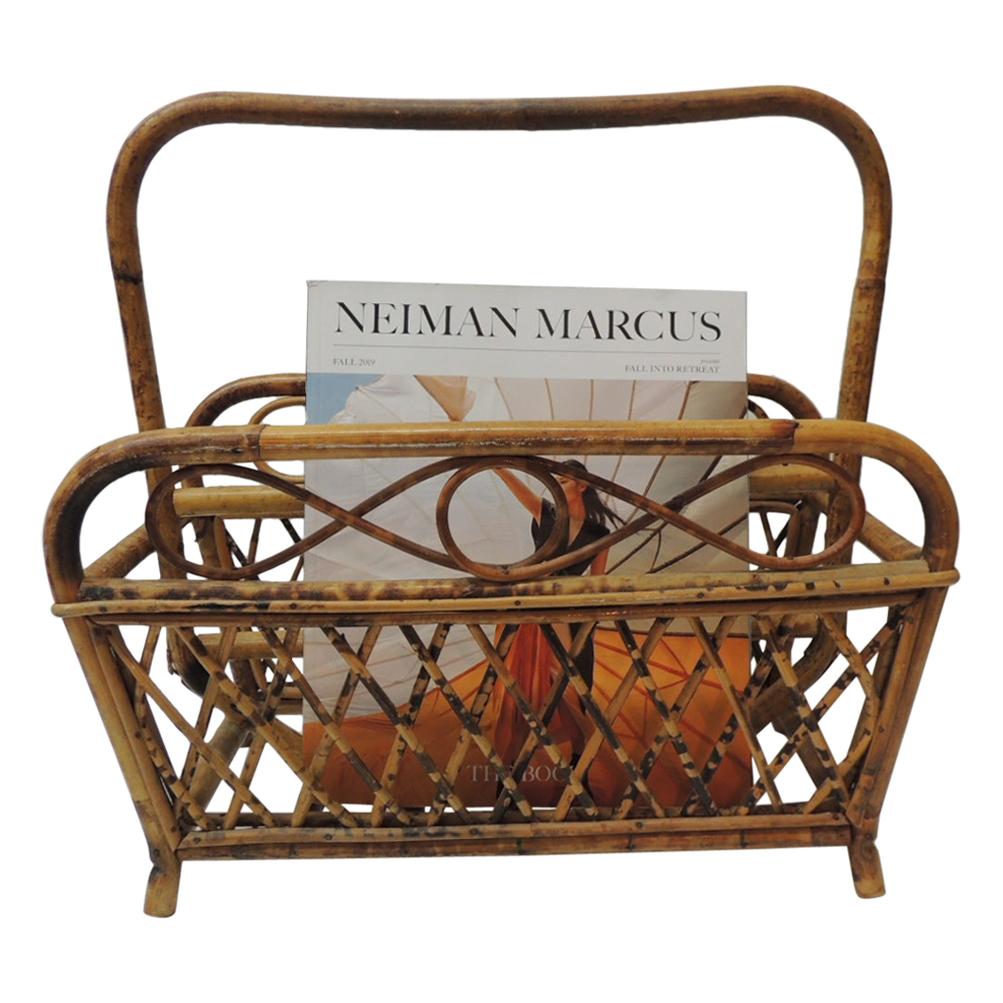 Vintage Faux Tortoise Magazine Rack in Bamboo and Rattan
