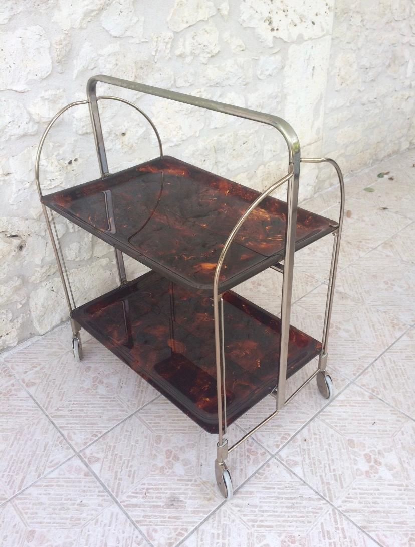 Metal Vintage faux tortoise shell bar cart folding table from Italy circa 1960's For Sale