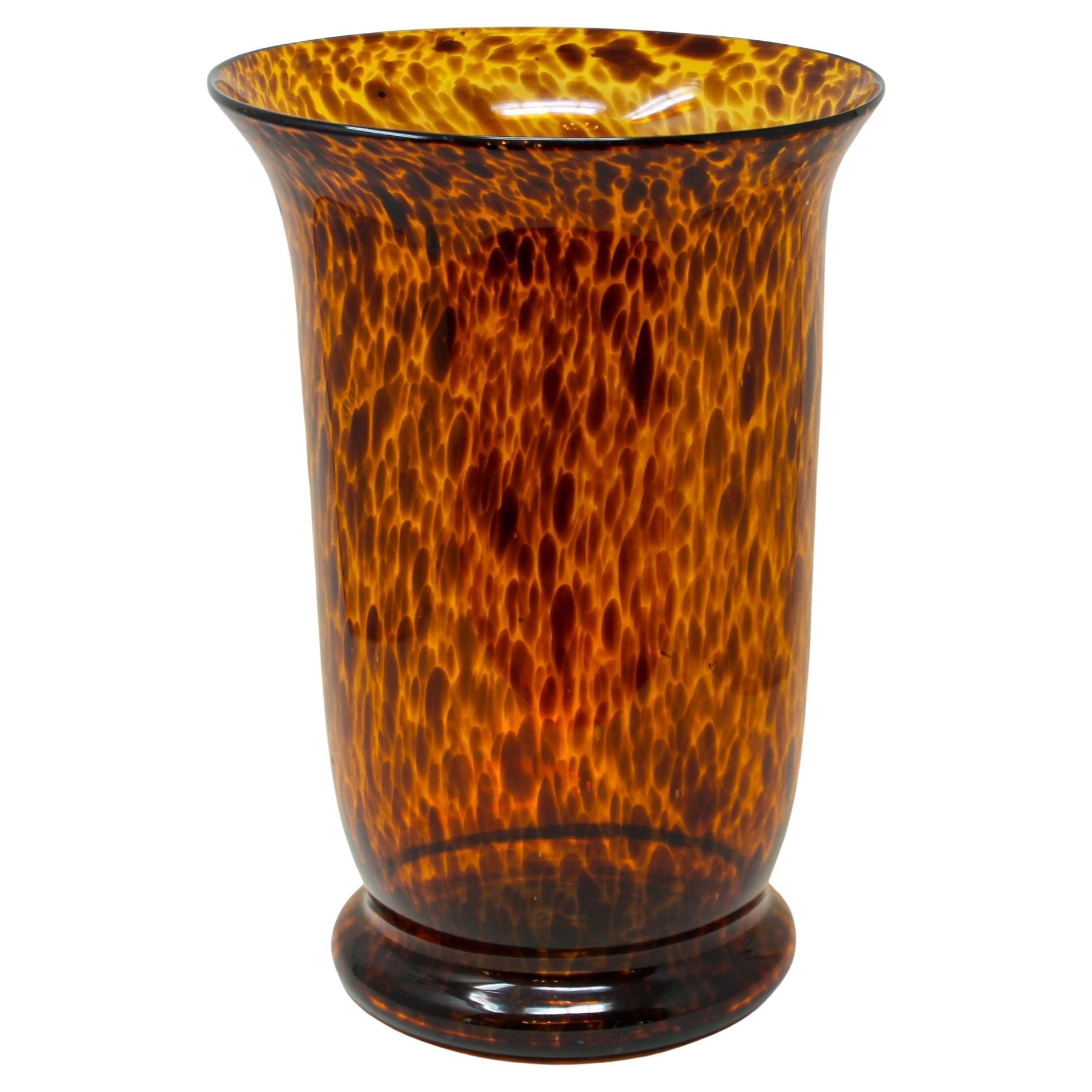 Vintage Faux Tortoise Shell Blown Art Glass Vase For Sale