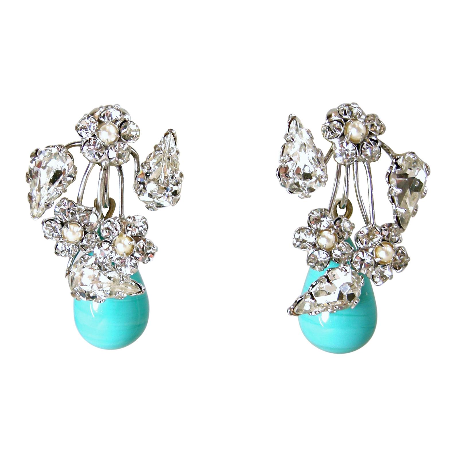 Vintage Faux Turquoise And Crystal Drop Earrings For Sale