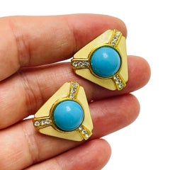 Vintage faux turquoise enamel rhinestone designer runway clip on earrings