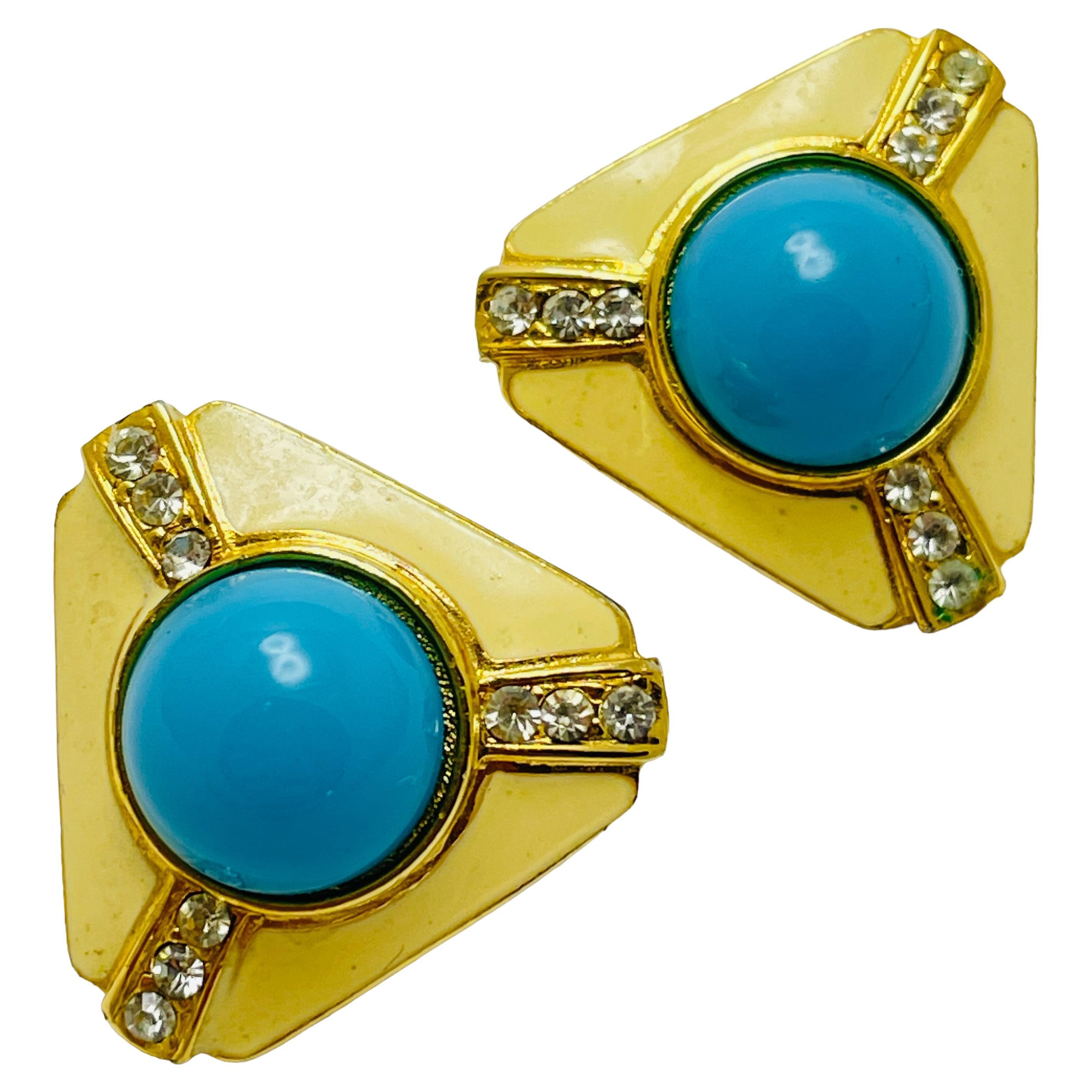 Vintage faux turquoise enamel rhinestone designer runway clip on earrings For Sale