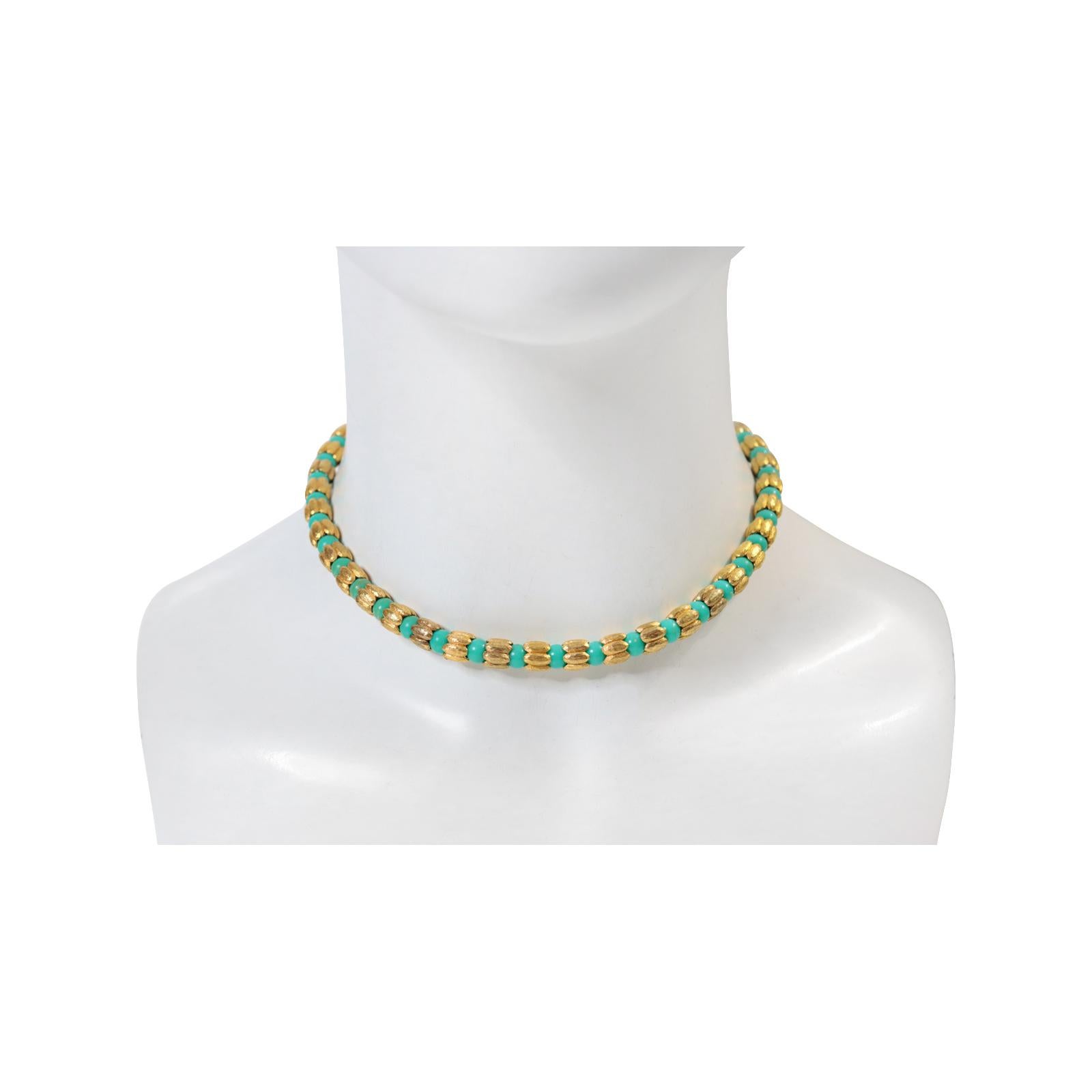 Modern Vintage Faux Turquoise Gold Tone Beaded Choker Gold Tone Beaded Circa 1980s For Sale