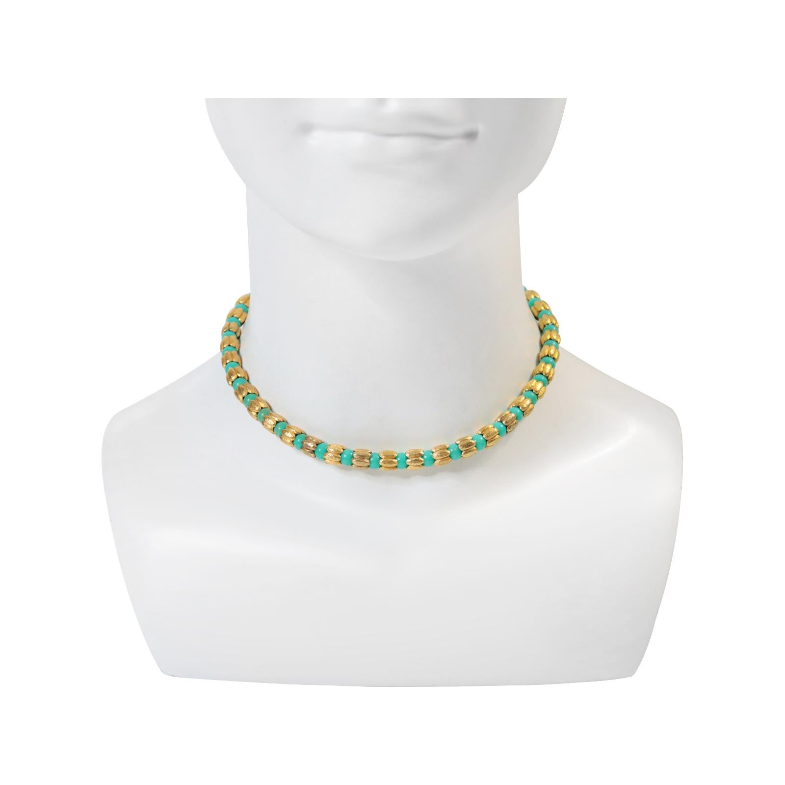 Vintage Faux Turquoise Gold Tone Beaded Choker Gold Tone Beaded Circa 1980s In Good Condition For Sale In New York, NY