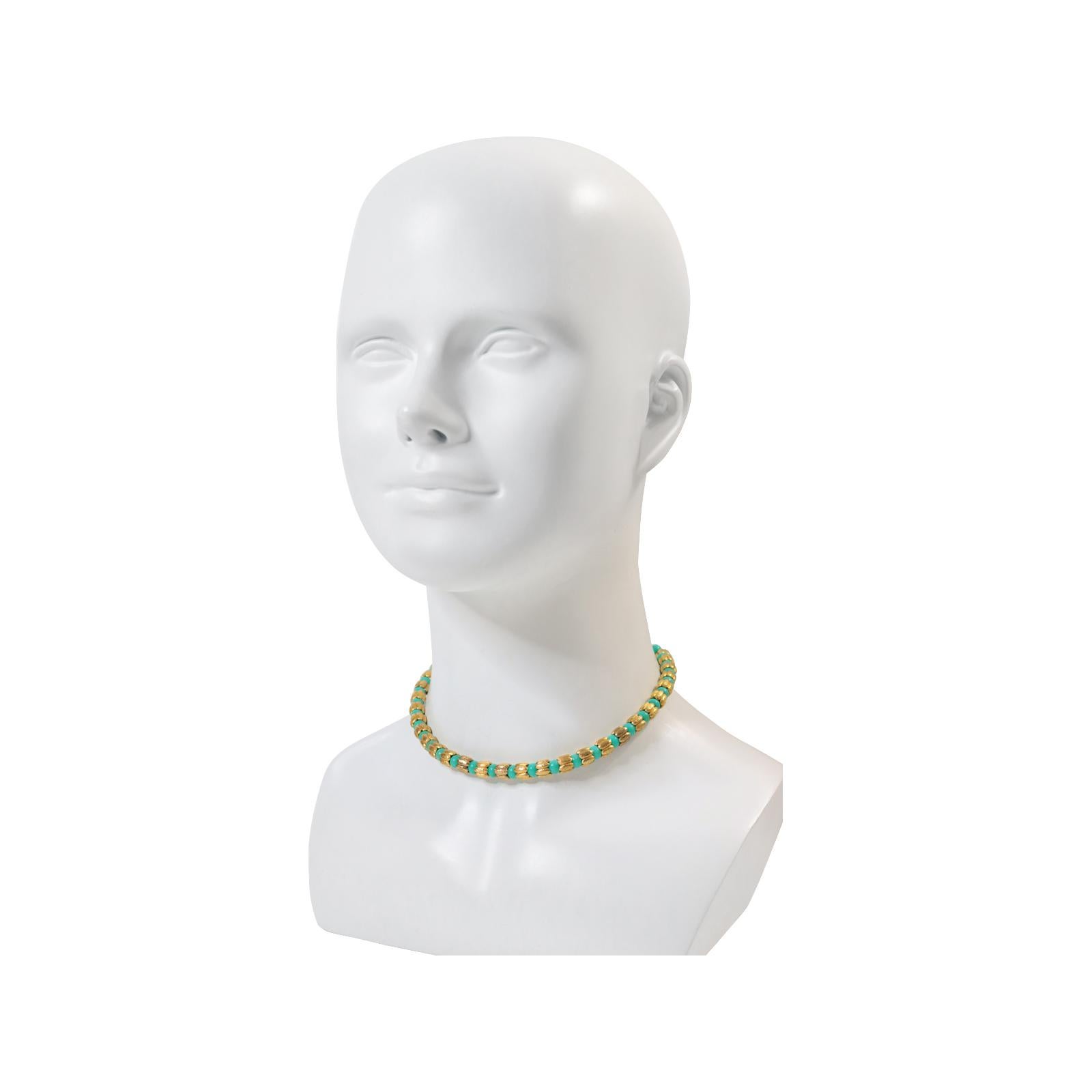 Women's or Men's Vintage Faux Turquoise Gold Tone Beaded Choker Gold Tone Beaded Circa 1980s For Sale