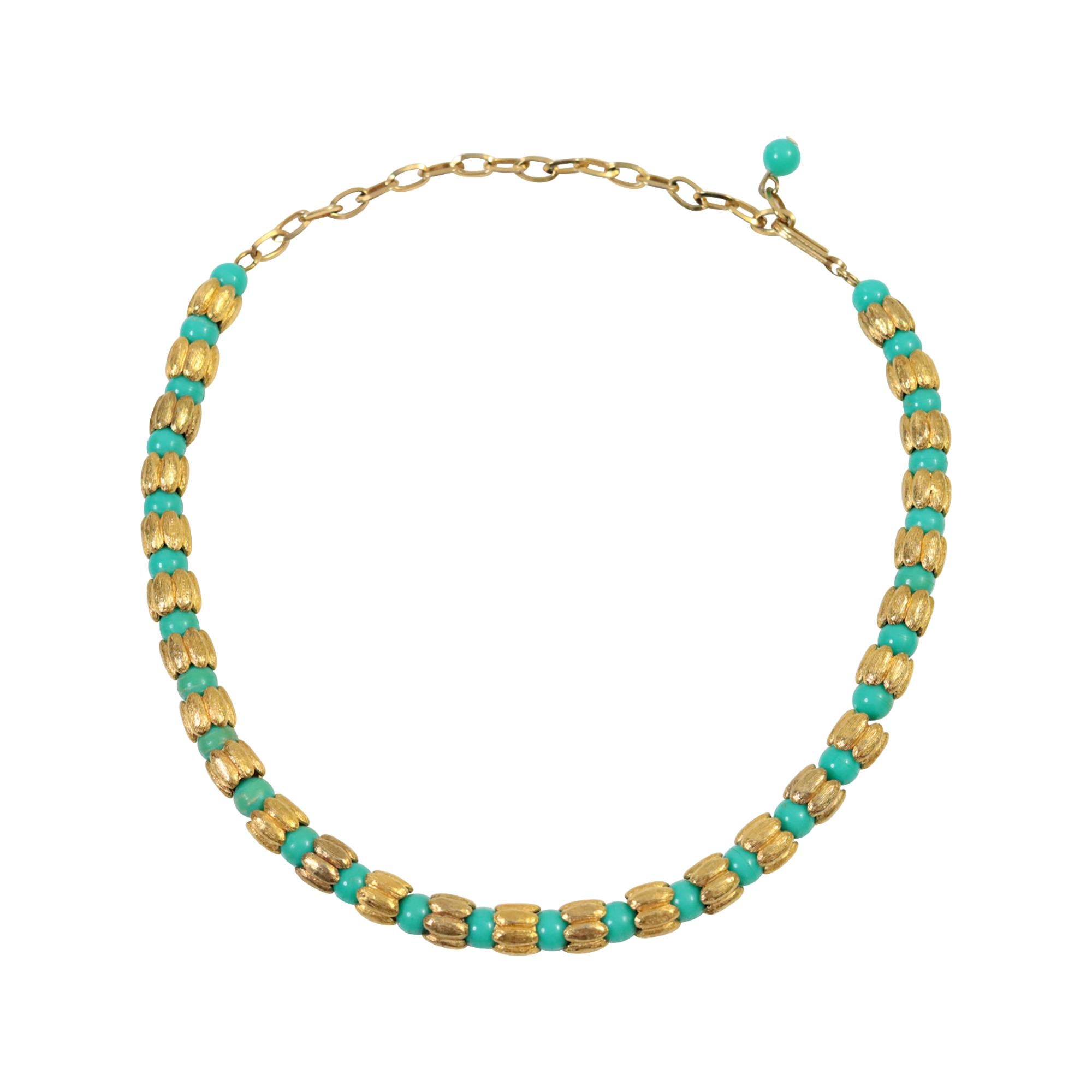 Vintage Faux Türkis Goldton Perlen Halsband Goldton Perlen CIRCA 1980s im Angebot 2