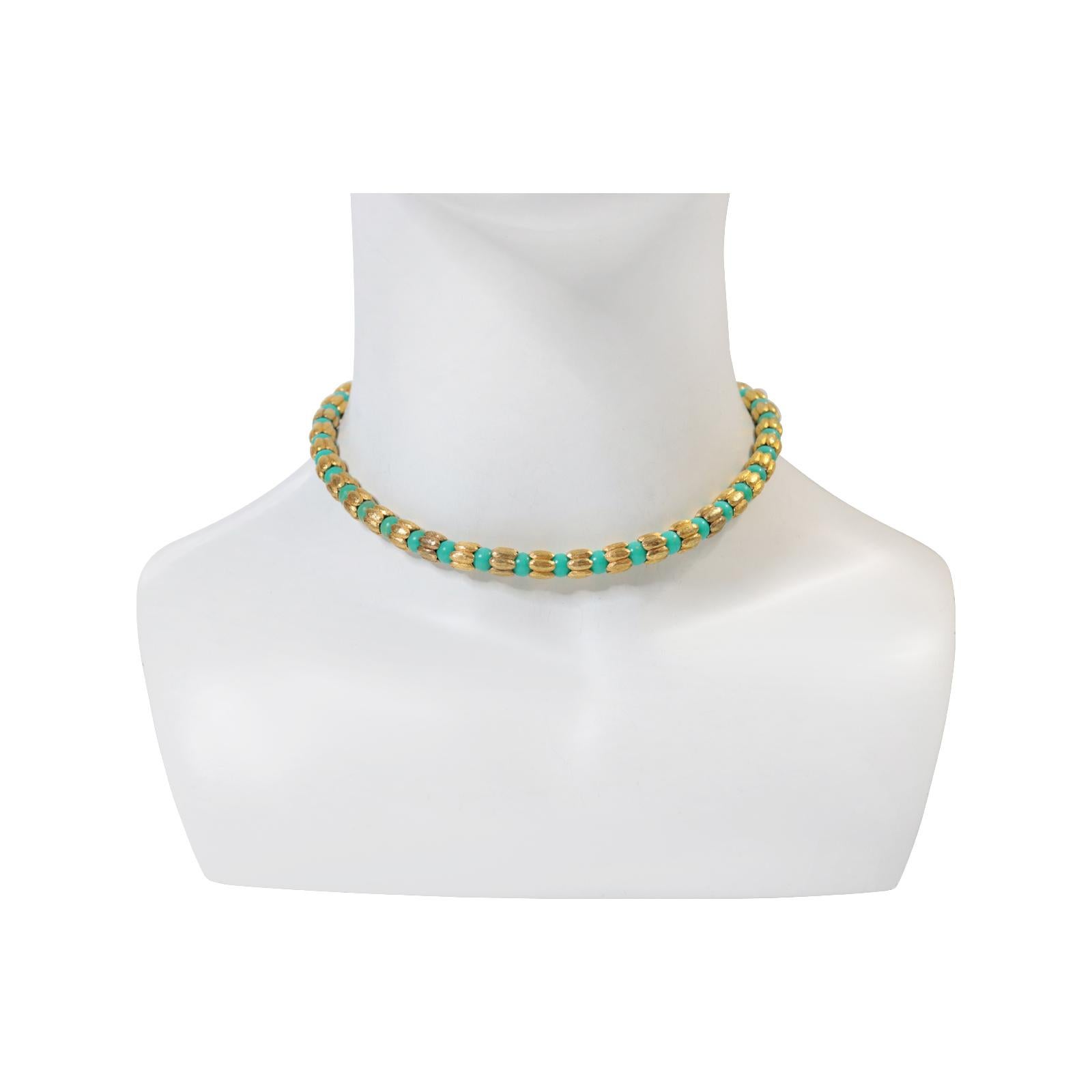 Vintage Faux Turquoise Gold Tone Beaded Choker Gold Tone Beaded Circa 1980s For Sale 1