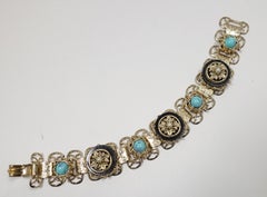 Vintage Faux Turquoise, Onyx & Pearl Gold Tone Bracelet