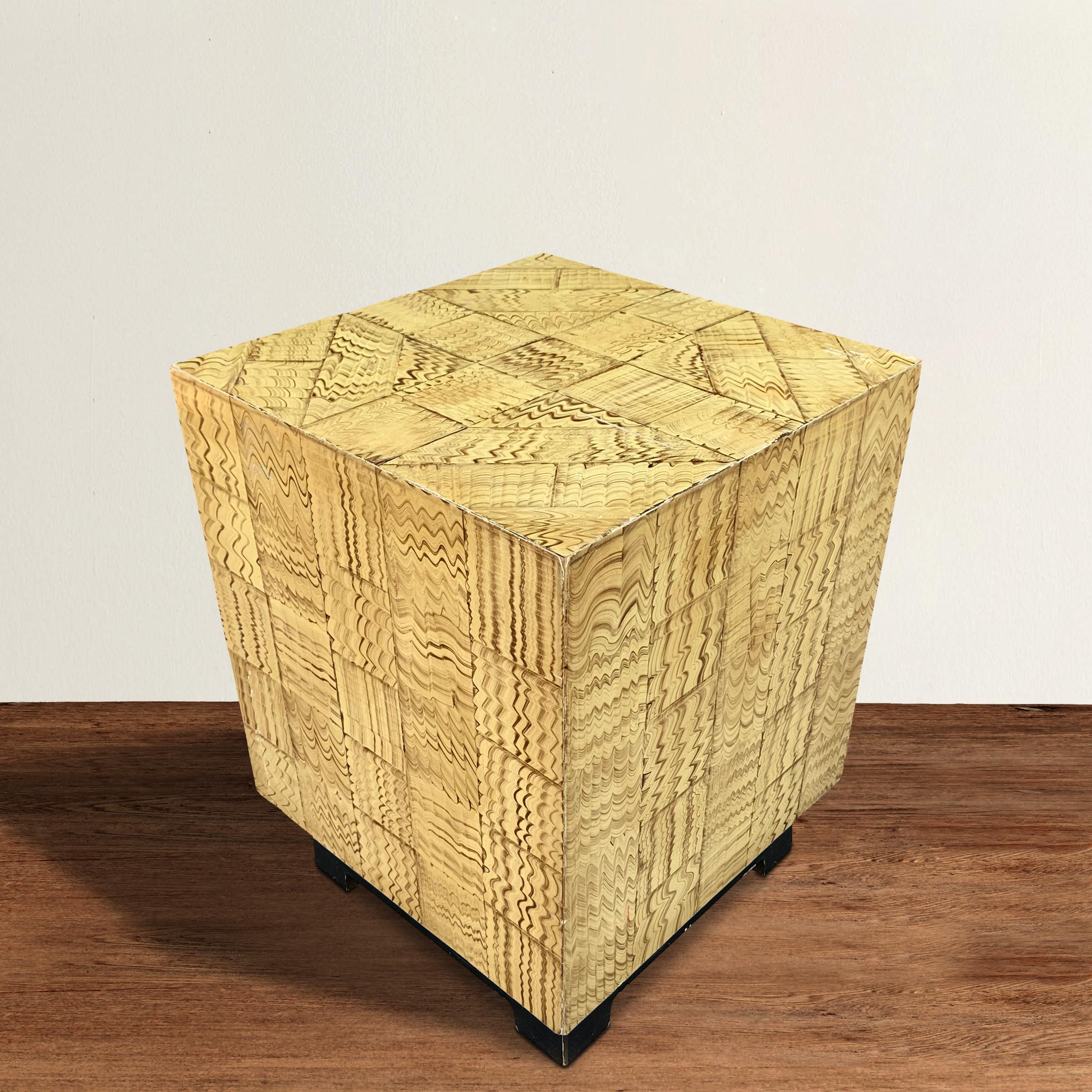 A wonderfully charming vintage American side table with a faux wood grain painted patchwork finish. The perfect perch for a cocktail, a bowl of nuts, or your laptop next to your favorite chair.