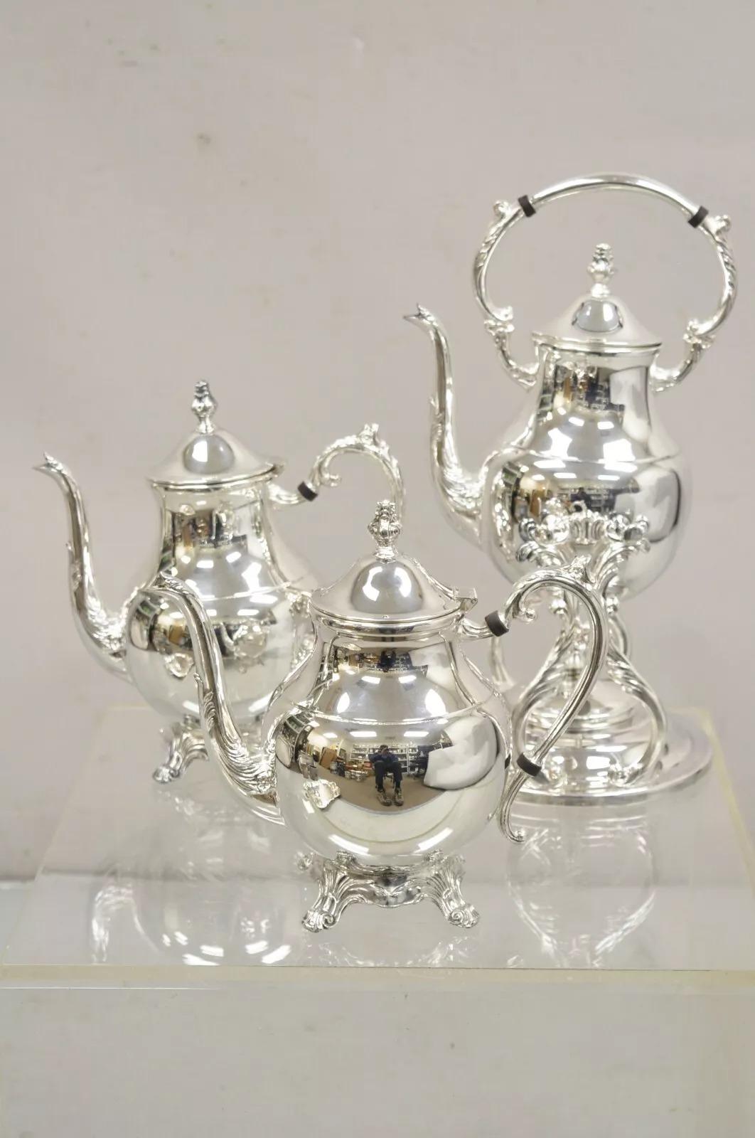Vintage FB Rogers Victorian Silver Plated Tea Set with Tilting Pot - 6 Pc Set In Good Condition For Sale In Philadelphia, PA