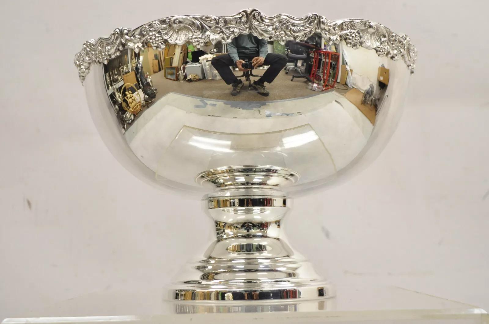 Vintage FB Rogers Victorian Style Silver Plated Large Pedestal Punch Bowl with Floral Motif Rim. Circa Mid 20th Century. Measurements: 10.5