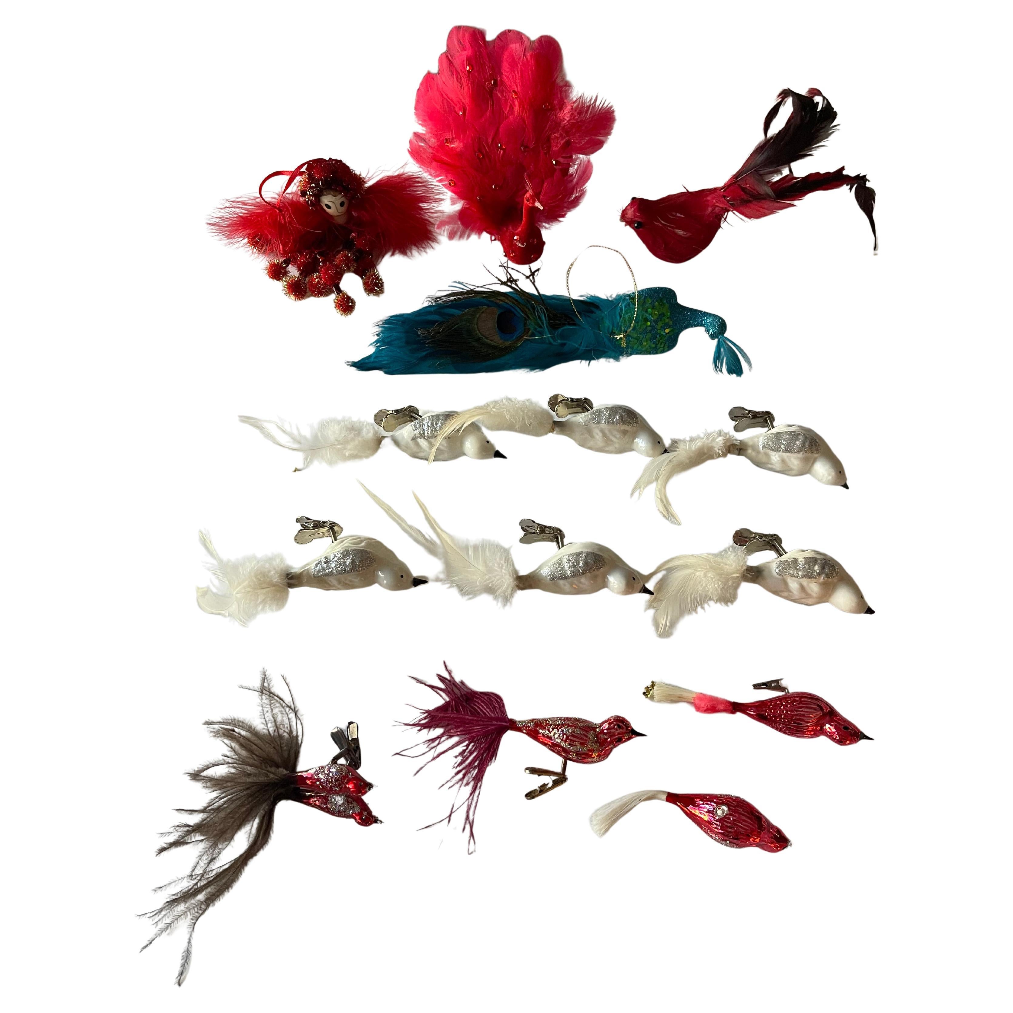 Vintage Feathered Birds Christmas Ornaments