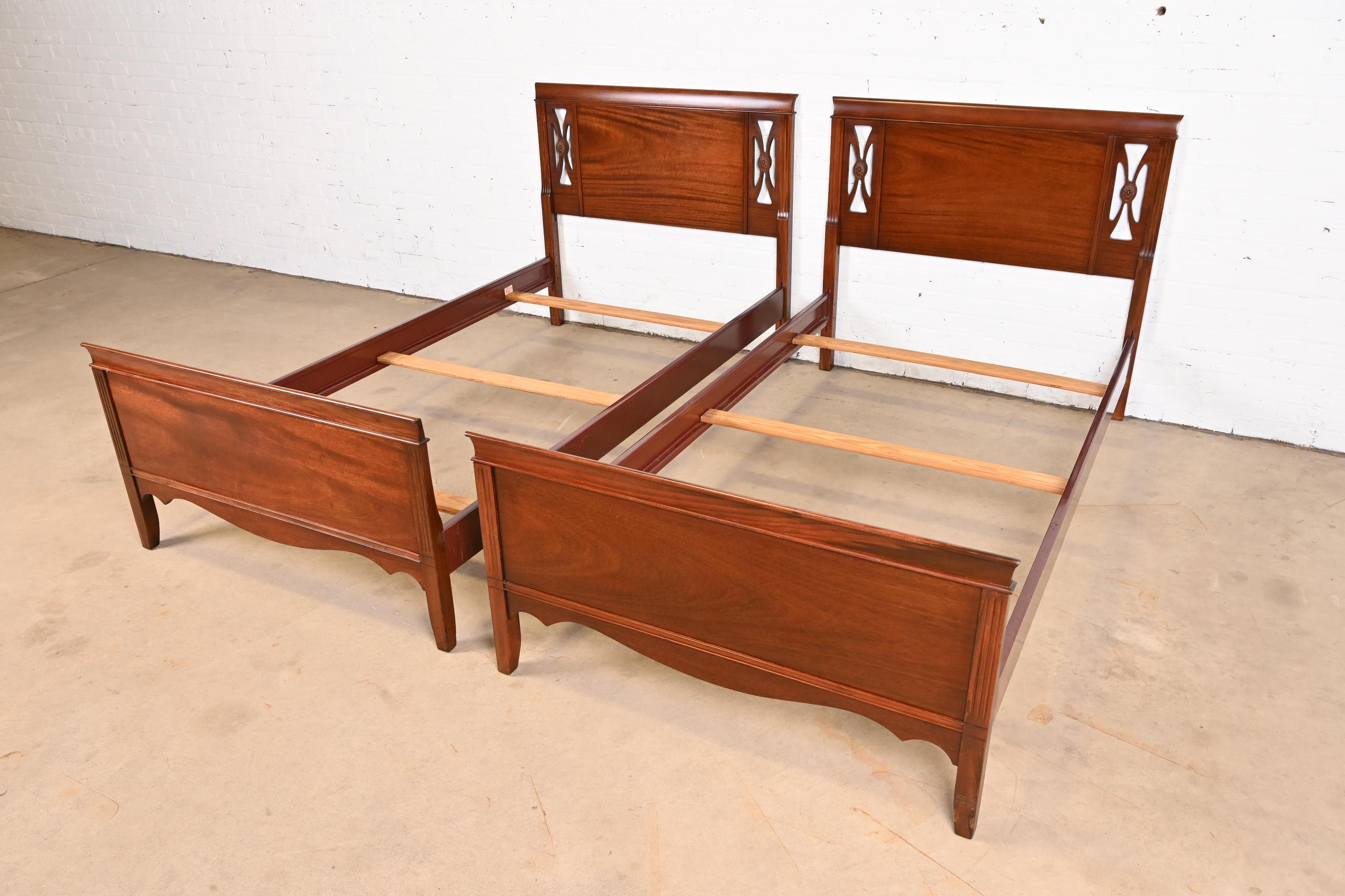 American Vintage Federal Carved Mahogany Twin Beds, Pair