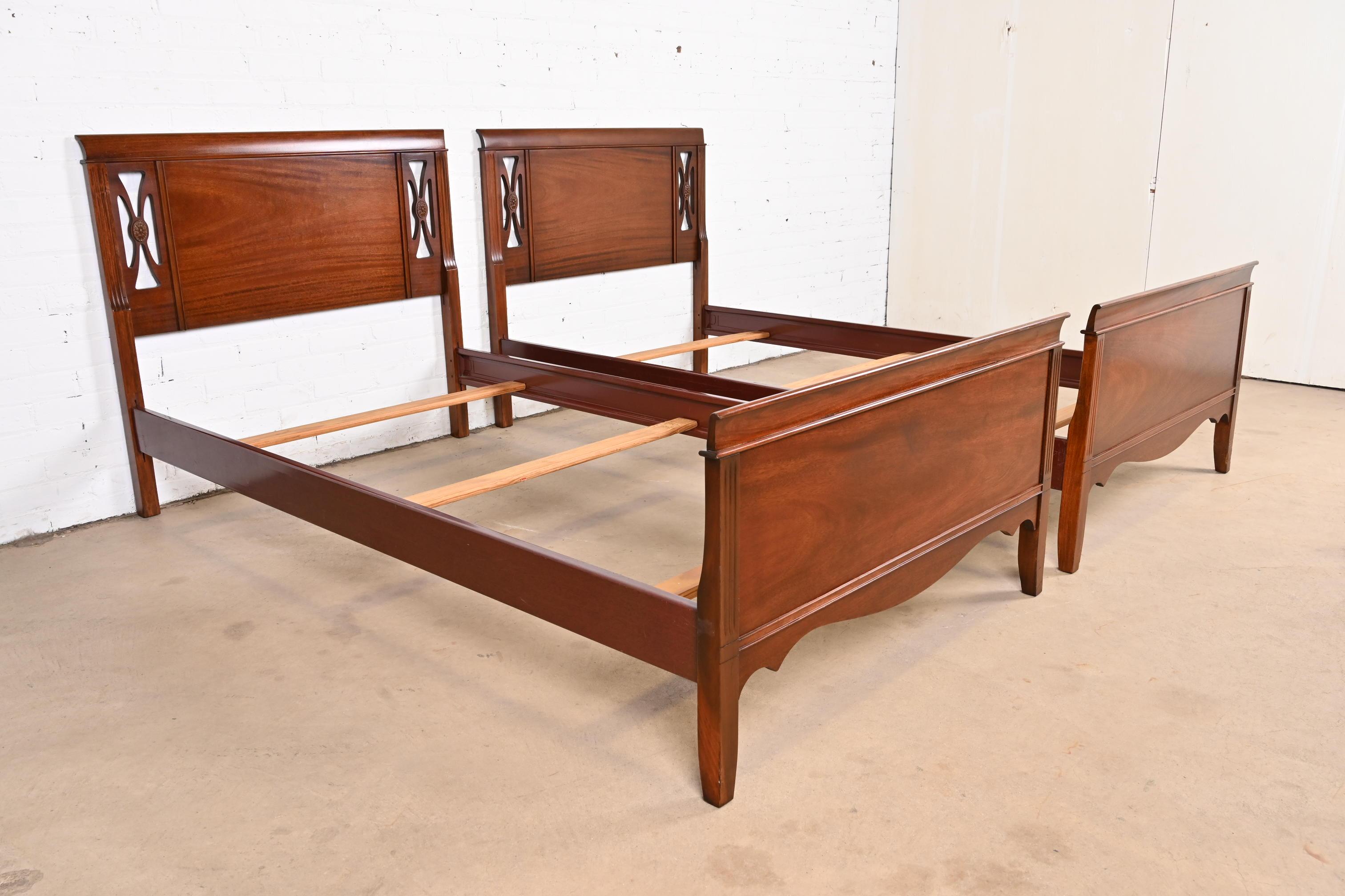 Metal Vintage Federal Carved Mahogany Twin Beds, Pair