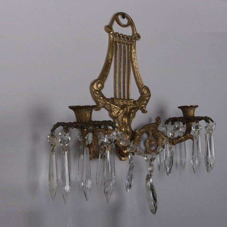 Cast Vintage Federal Figural Brass and Cut Crystal Lyre Candle Light Wall Sconces