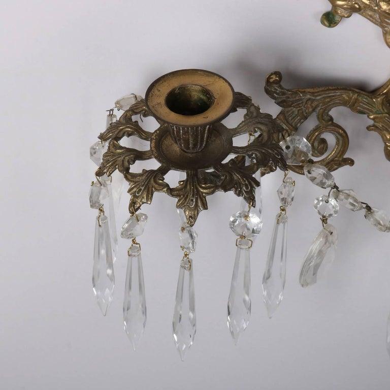 Vintage Federal Figural Brass and Cut Crystal Lyre Candle Light Wall Sconces 1