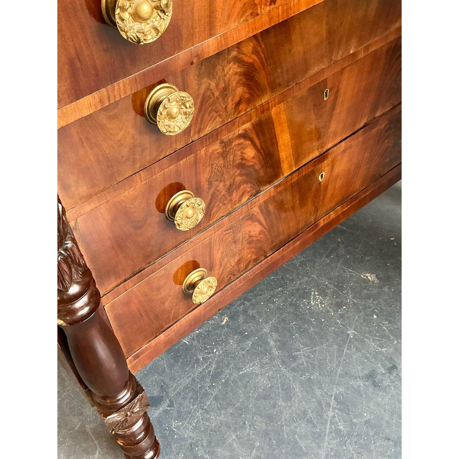Brass Vintage Federal Flame Mahogany Chest of Drawers For Sale
