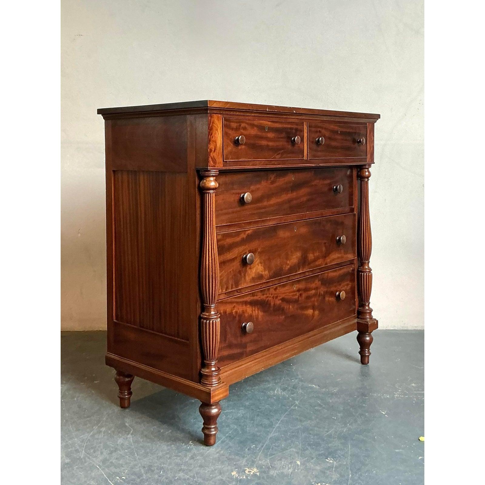 American Vintage Federal Flame Mahogany Tall Chest of Drawers For Sale