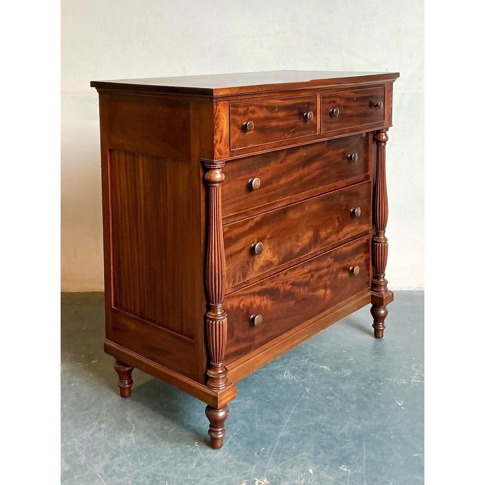 Vintage Federal Flame Mahogany Tall Chest of Drawers In Good Condition For Sale In West Palm Beach, FL
