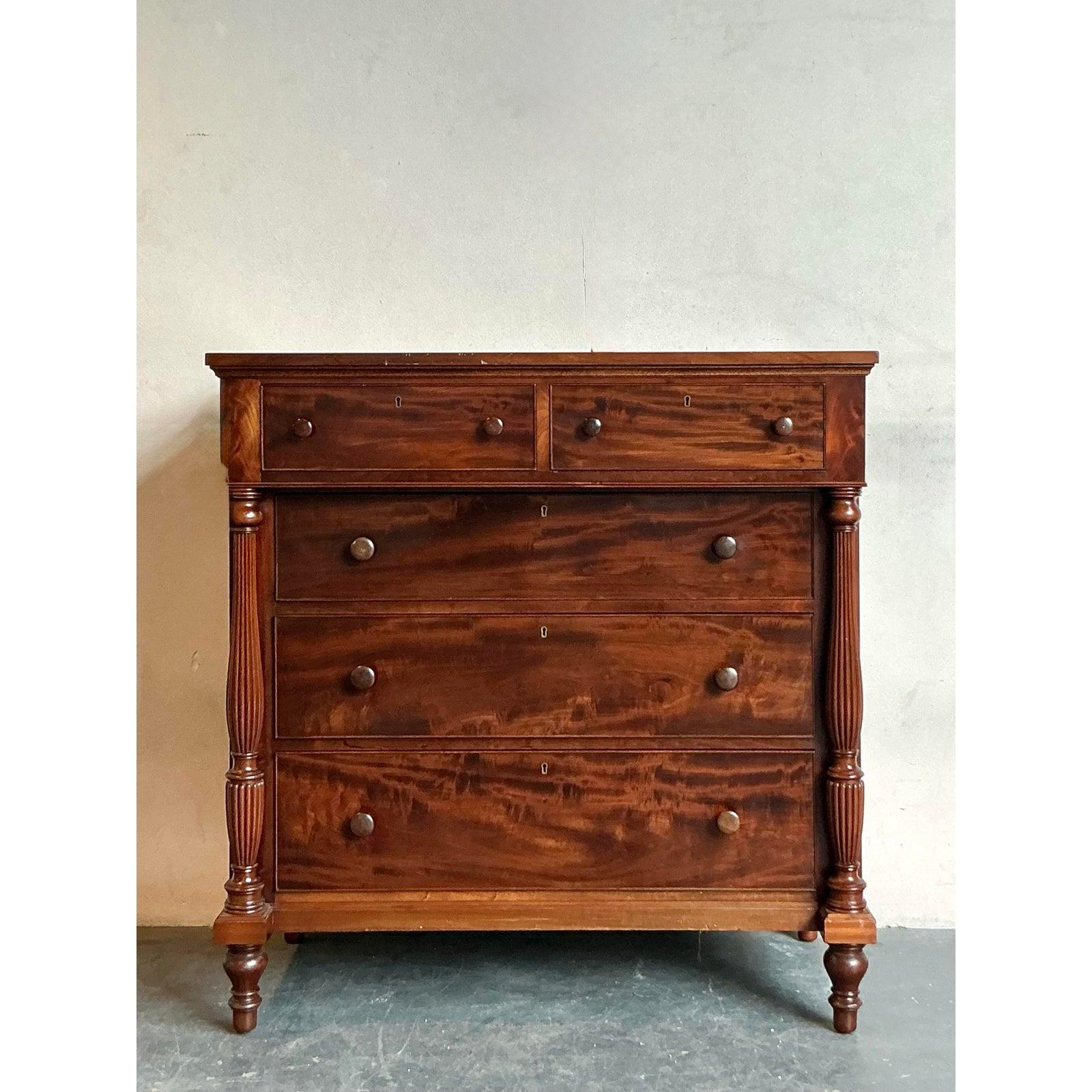 20th Century Vintage Federal Flame Mahogany Tall Chest of Drawers For Sale