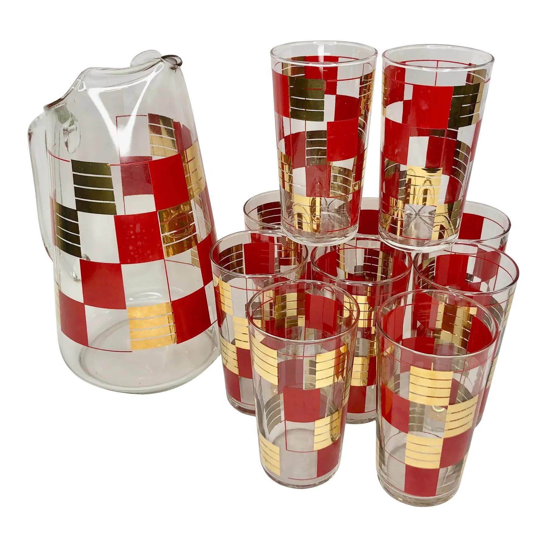 Vintage Checkerboard Cocktail Set of 10 Red and 22k Gold Highball Glasses and Pitcher. Attributed to Federal Glass of West Virginia. Glasses measure 5 1/4
