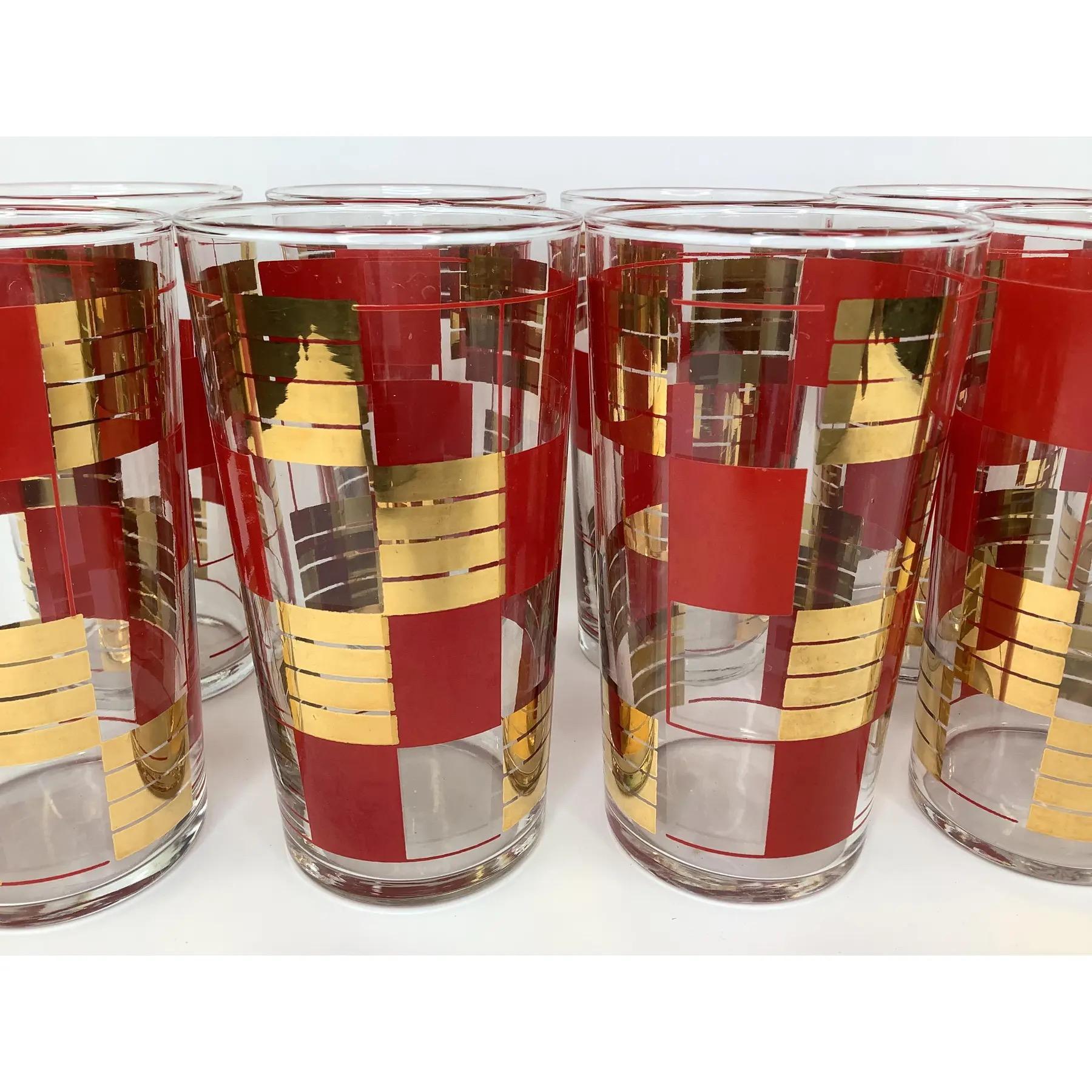 Mid-Century Modern Vintage Federal Glass Gilt and Red Checkerboard Cocktail Set With Pitcher For Sale
