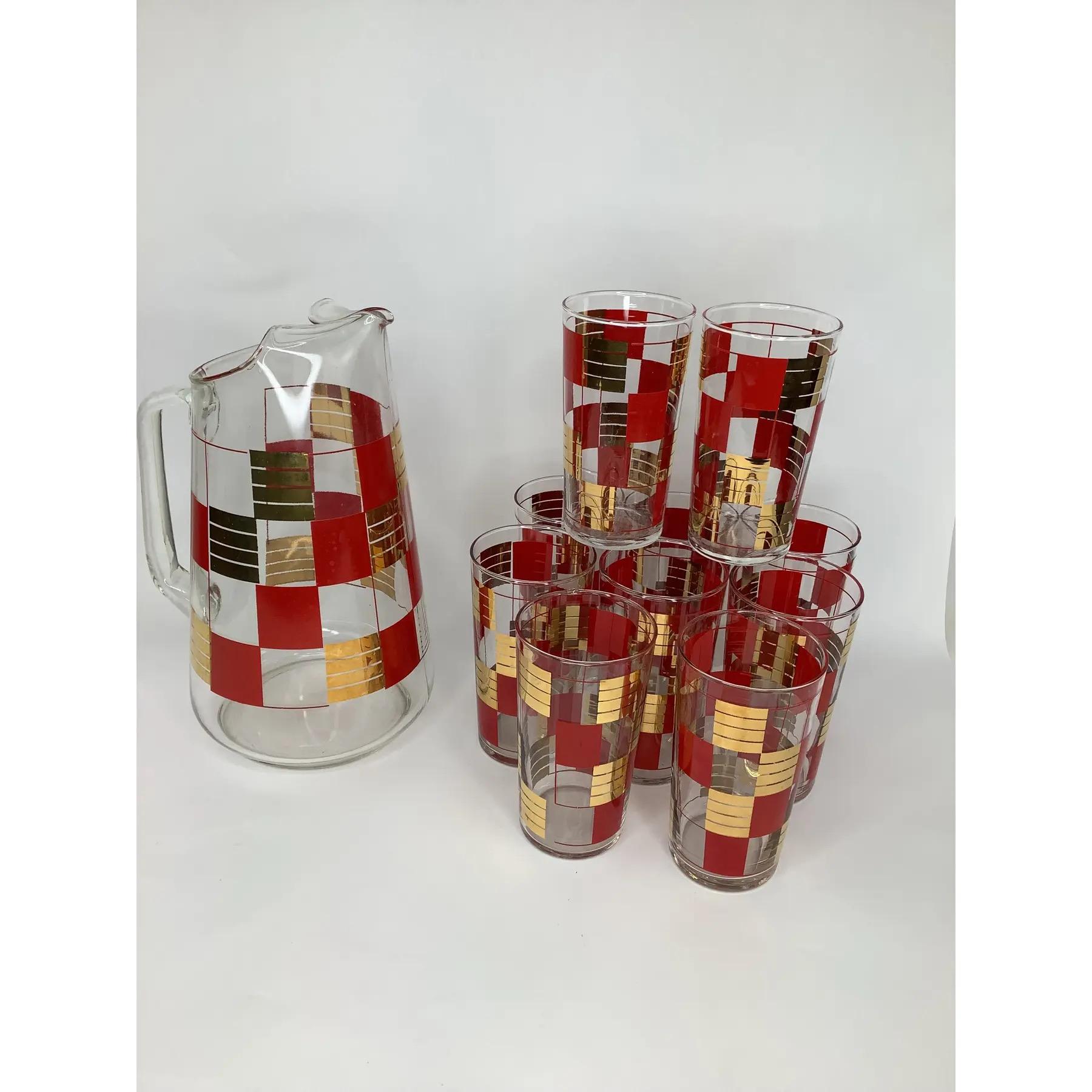 American Vintage Federal Glass Gilt and Red Checkerboard Cocktail Set With Pitcher For Sale