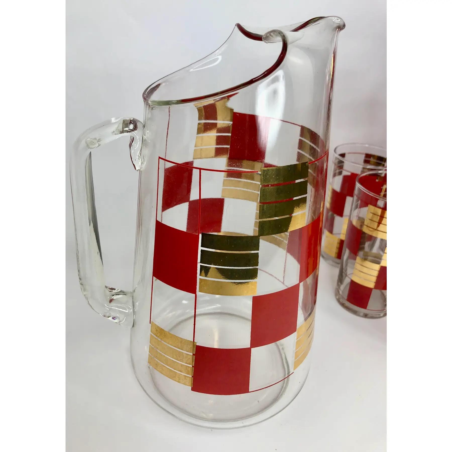 Vintage Federal Glass Gilt and Red Checkerboard Cocktail Set With Pitcher In Good Condition For Sale In Chapel Hill, NC
