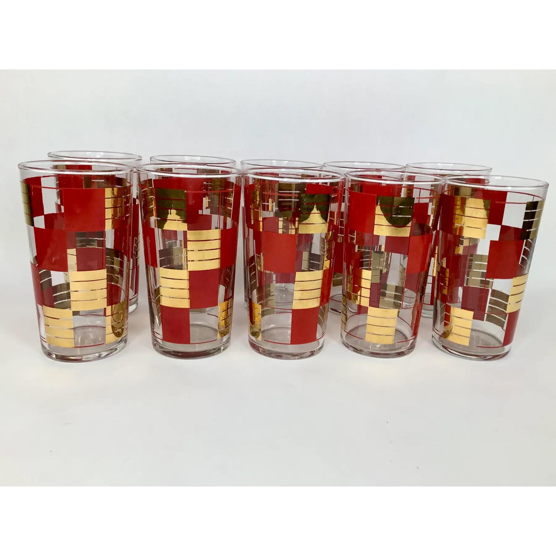 Mid-20th Century Vintage Federal Glass Gilt and Red Checkerboard Cocktail Set With Pitcher For Sale