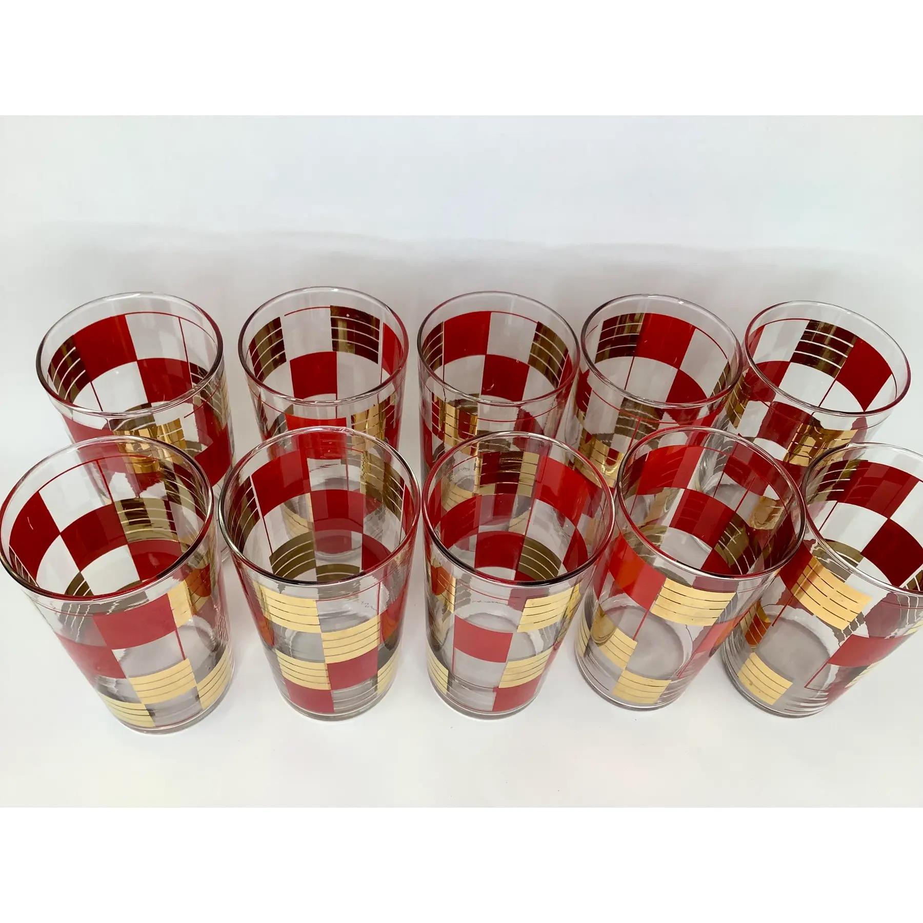 Gold Vintage Federal Glass Gilt and Red Checkerboard Cocktail Set With Pitcher For Sale