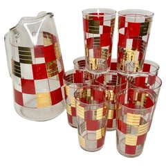 Vintage Federal Glass Gilt and Red Checkerboard Cocktail Set With Pitcher