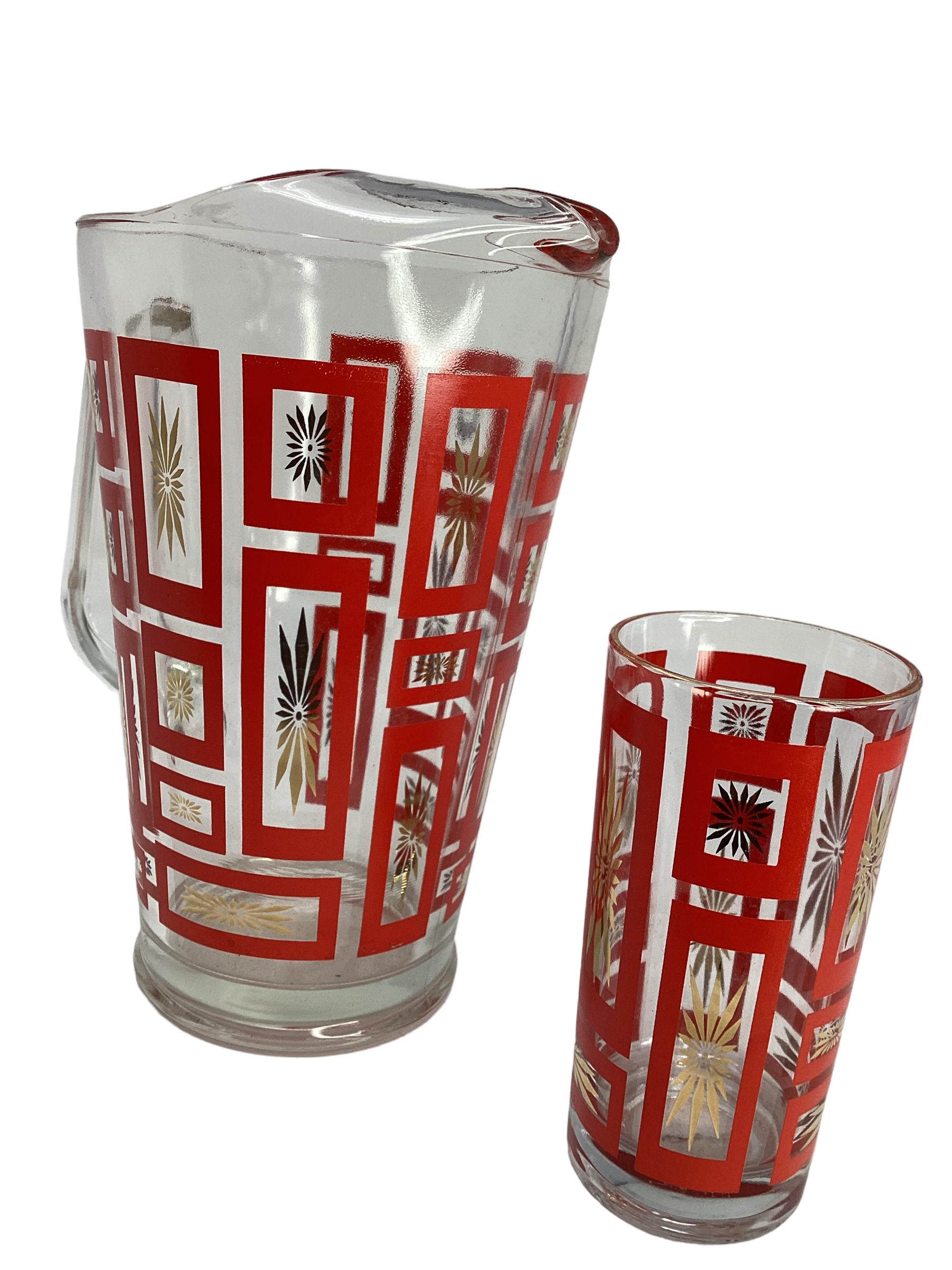 Vintage Mid Century Cocktail Set by Federal Glass. The set consists of a large pitcher and 10 highball glasses. Decorated geometric shapes with gold starburst inside each panel. A fun colorful design. The pitcher measures 7.5”w x 5.5”d x 9.5”h