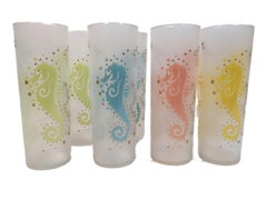 Bicchieri Tom Collins vintage in vetro Federal Glass con cavallucci marini su fondo smerigliato