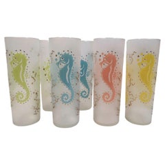 Retro Federal Glass Tom Collins Glasses with Seahorses on a Frosted Ground