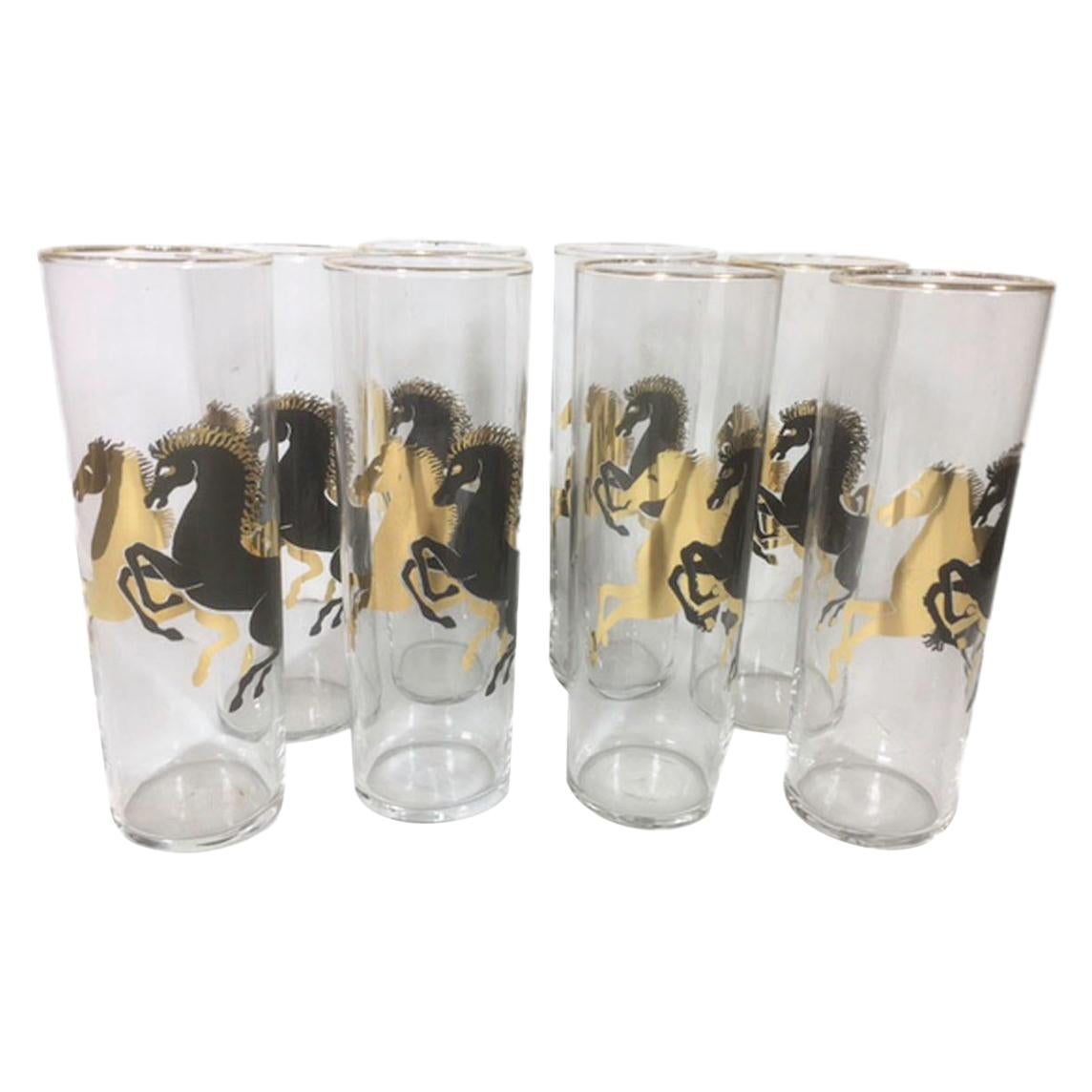 Vintage Federal Glass Tom Collins / Zombie Glasses with Gold & Black Stallions For Sale