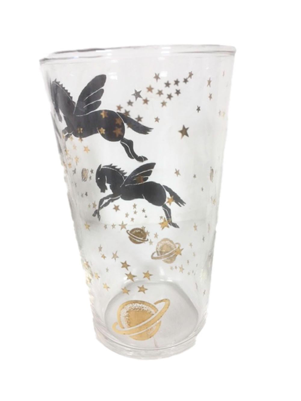 Vintage Federal-Gläser mit Pegasus unter Sternen und Planeten in Schwarz und Gold (Moderne der Mitte des Jahrhunderts) im Angebot