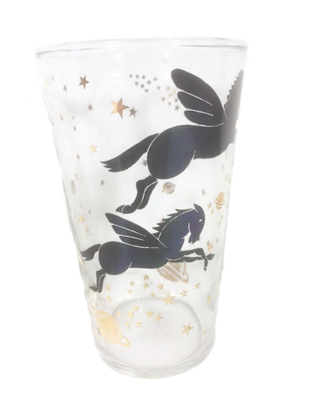 Vintage Federal-Gläser mit Pegasus unter Sternen und Planeten in Schwarz und Gold (amerikanisch) im Angebot