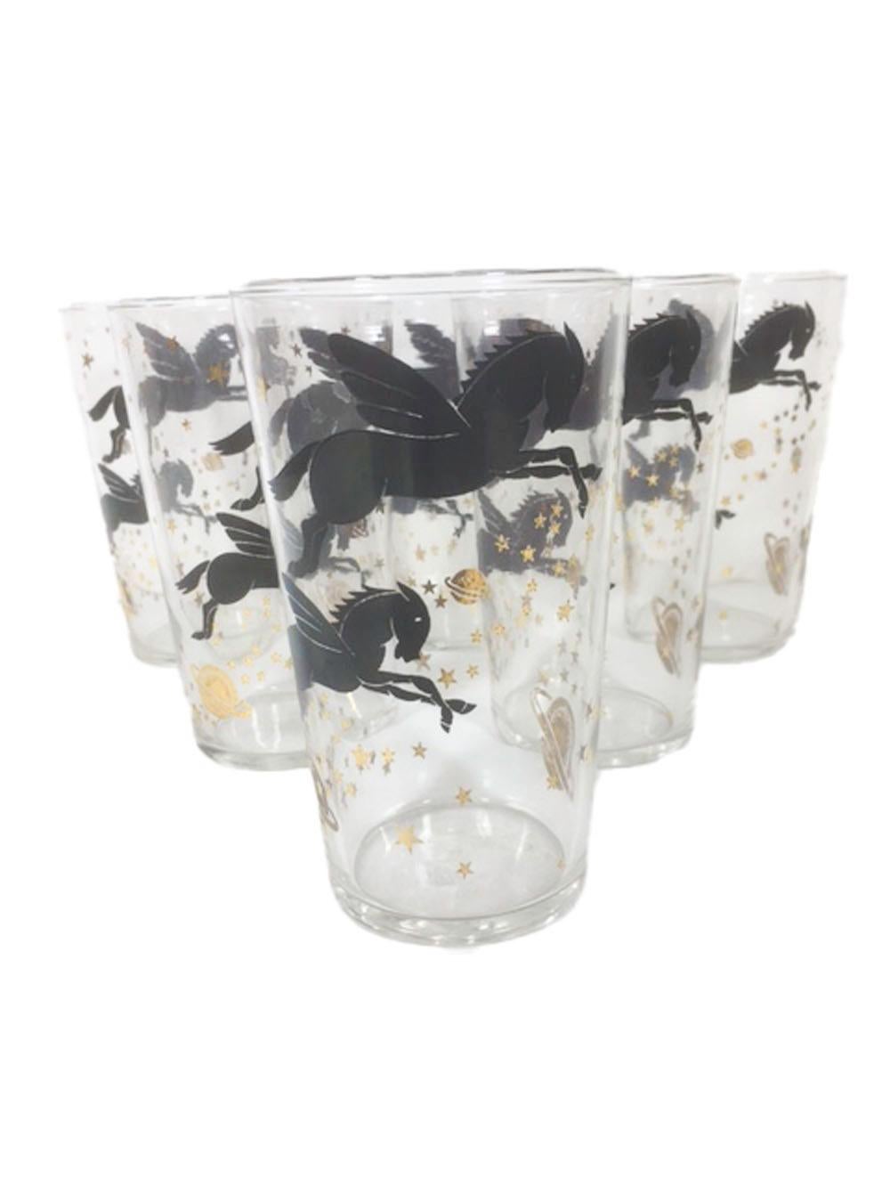 Mid-Century Modern Vintage Federal Glasses with Pegasus Among Stars and Planets in Black and Gold For Sale