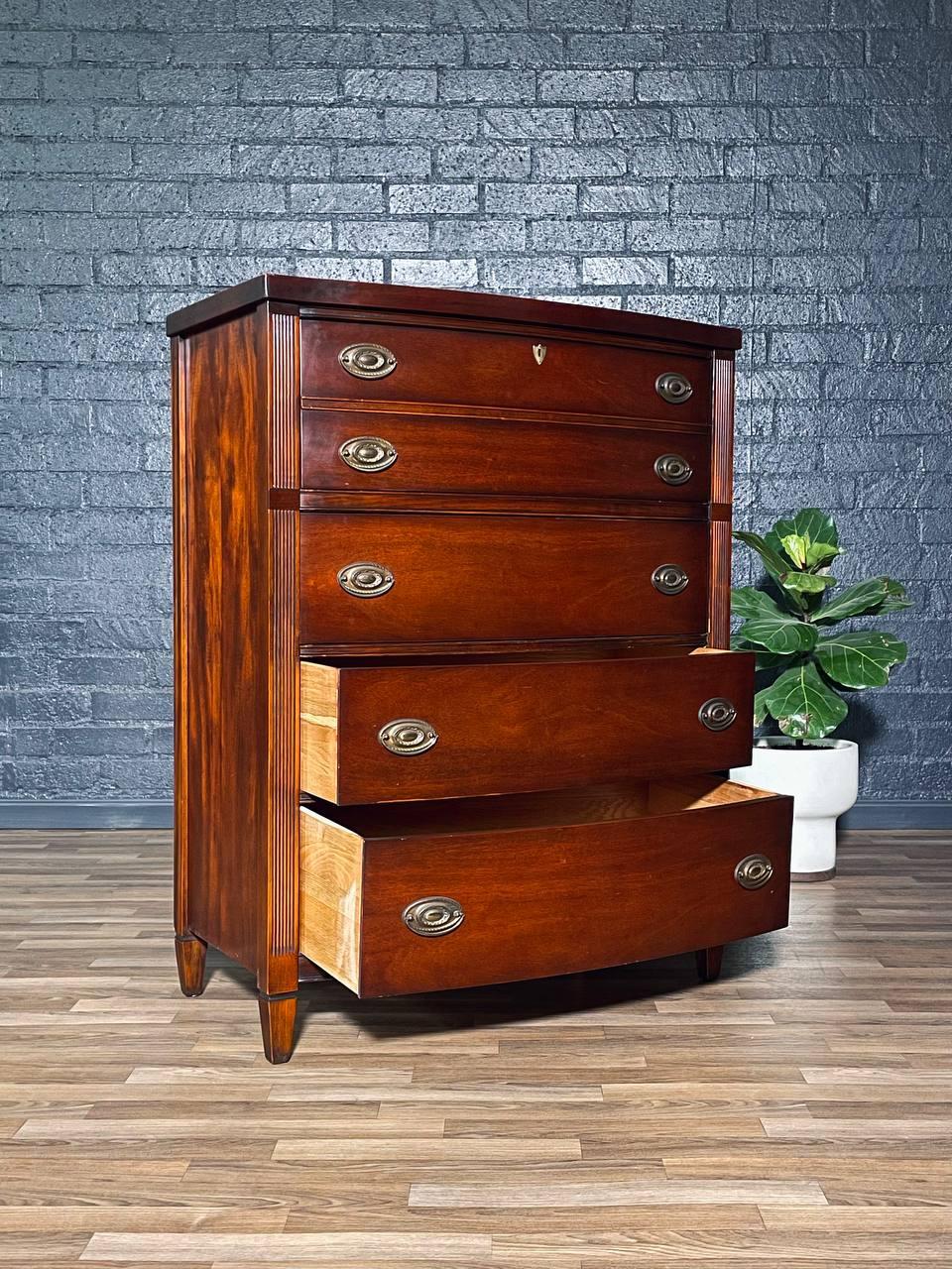 American Vintage Federal Revival Mahogany Highboy Dresser w/ Brass Pulls For Sale