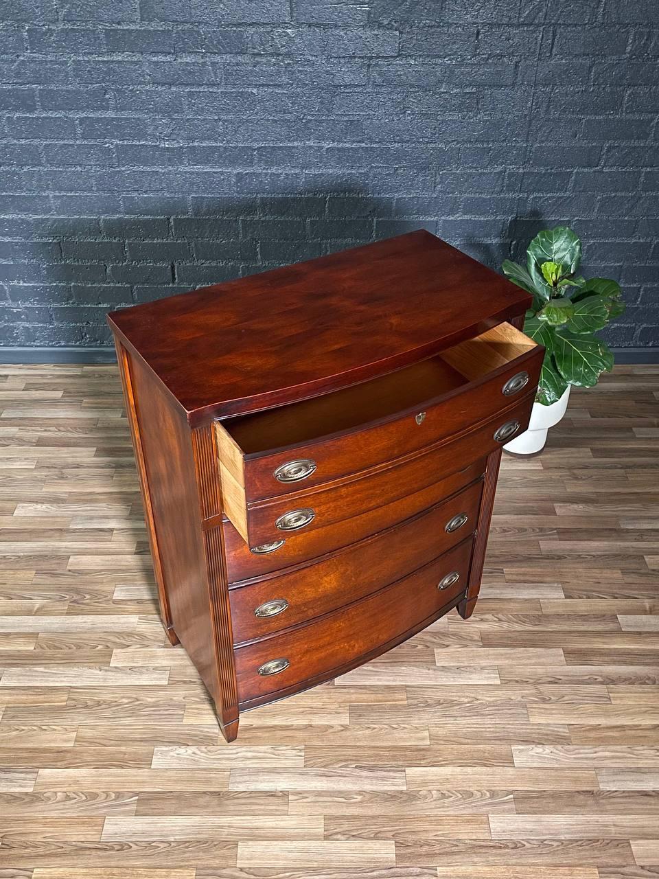 Mid-20th Century Vintage Federal Revival Mahogany Highboy Dresser w/ Brass Pulls For Sale