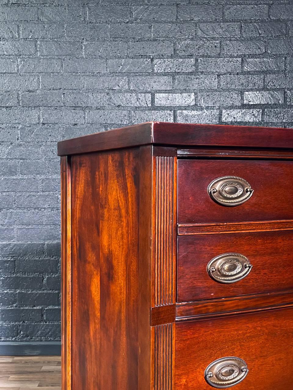 Vintage Federal Revival Mahogany Highboy Dresser w/ Brass Pulls For Sale 1