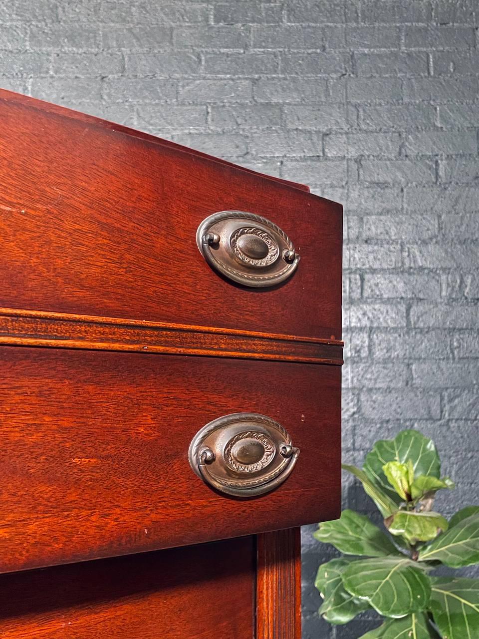 Vintage Federal Revival Mahogany Highboy Dresser w/ Brass Pulls For Sale 4