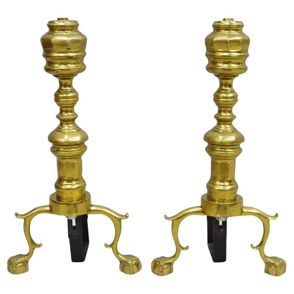 Paire de chenets de cheminée dorés en laiton à pied en forme de branche, de style Vintage Feder