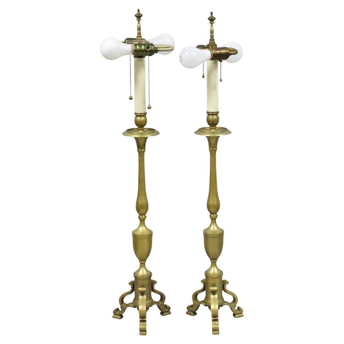 Vintage Federal Style Brass Candlestick Urn Form Table Lamps, Japan - a Pair