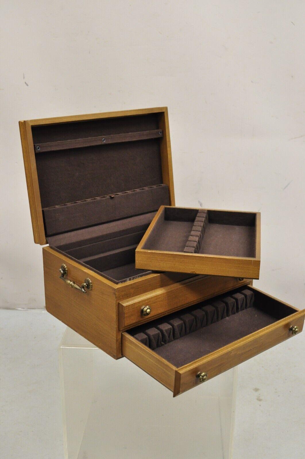 Vintage Federal Style Cherry Wood Silverware Box with Drawer Service for 12. Item features Single drawer, brass hardware, lift out tray, brass plaque to lid, quality American craftsmanship. Circa Mid 20th Century. Measurements: 8.5